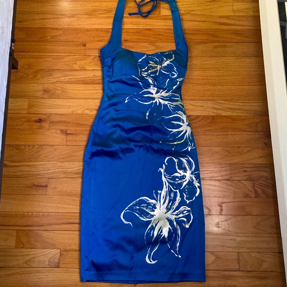 Cache satin blue halter dress size 4